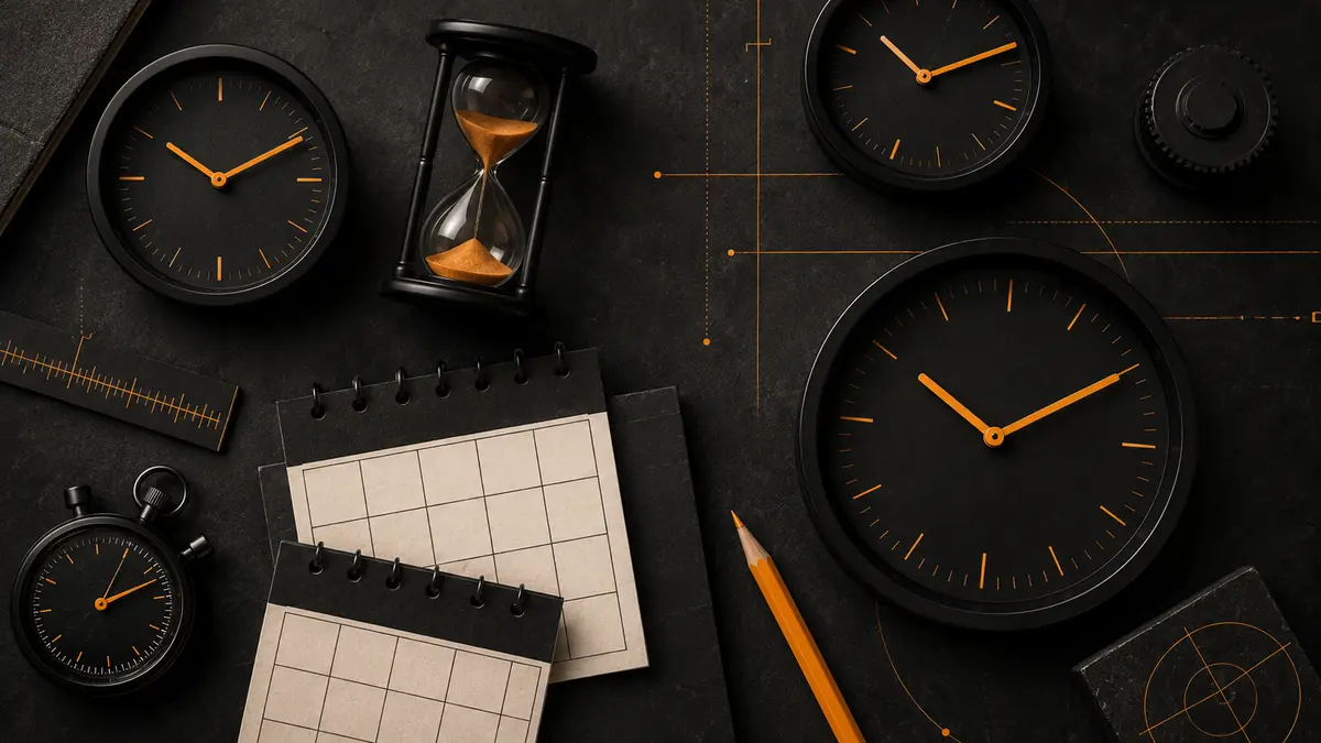 Composition noir et orange avec horloges, calendrier, sablier et chronomètre