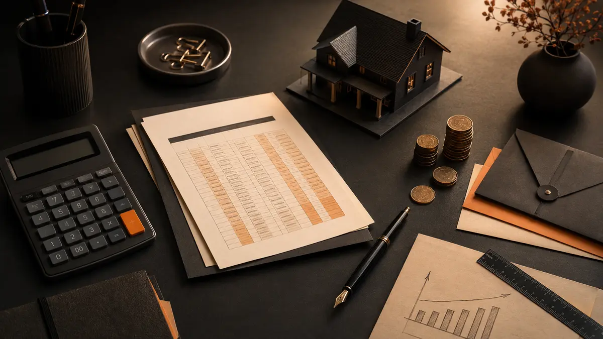 Bureau financier noir et orange avec calculatrice, maison, échéancier et graphiques