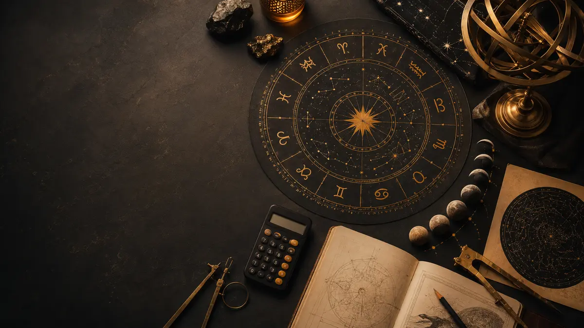 Bureau d’astronomie noir et orange avec zodiaque, phases de Lune et instruments