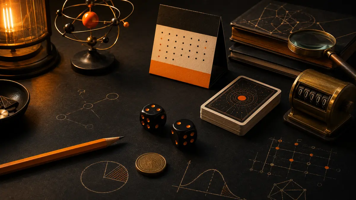 Bureau noir et orange avec dés, pièce, calendrier, planétarium et diagrammes de probabilité