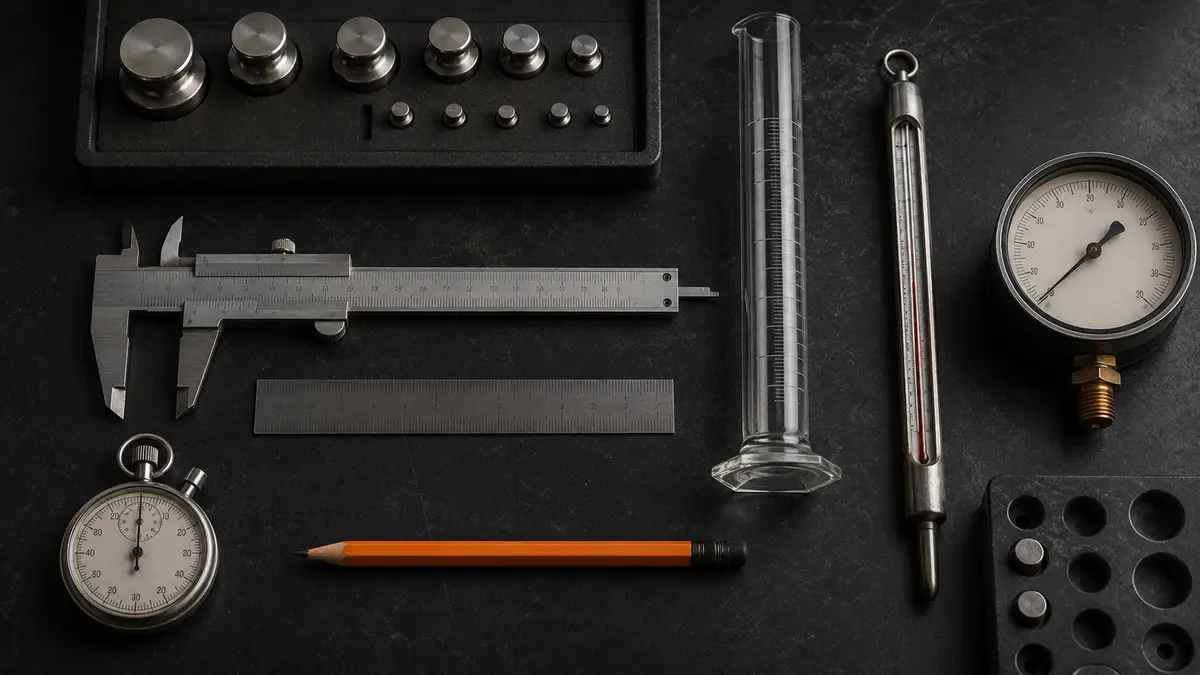 Établi de métrologie noir et orange avec instruments de mesure