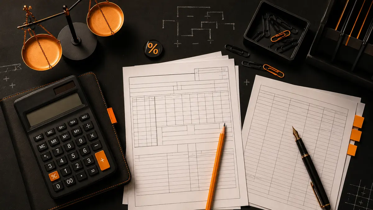Bureau fiscal noir et orange avec calculatrice, formulaires, balance et pourcentage