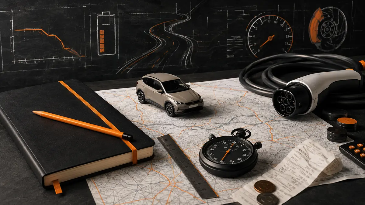 Carte routière, voiture, câble de recharge et instruments de calcul noirs et orange