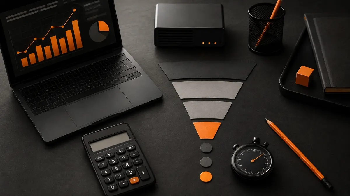 Bureau de mesure web noir et orange avec ordinateur, entonnoir, calculatrice et chronomètre